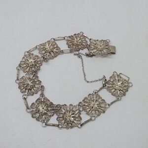Vintage 800 Silver Filigree Floral Cannetille Panel Bracelet Victorian Revival